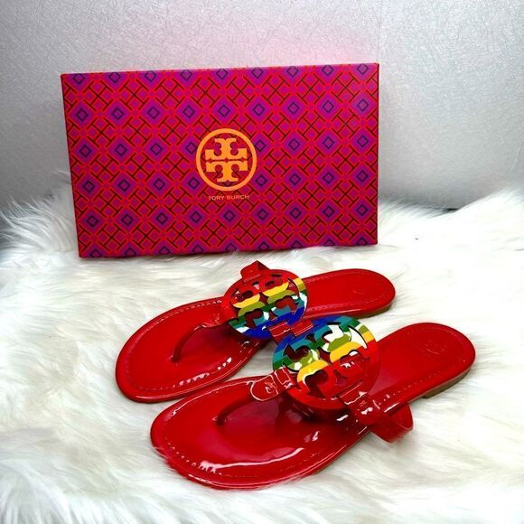 Tory Burch Bright Rainbow Ruby Red Miller Sandals 9 - Picture 1 of 9